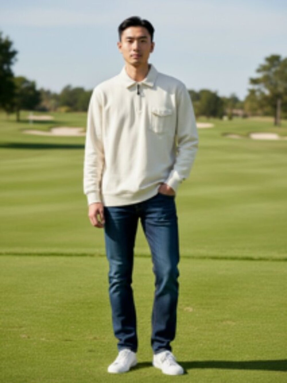 Ralph Lauren Chaps Quarter Zip Collared Sweater Mens Size Medium‎ Ivory Cotton